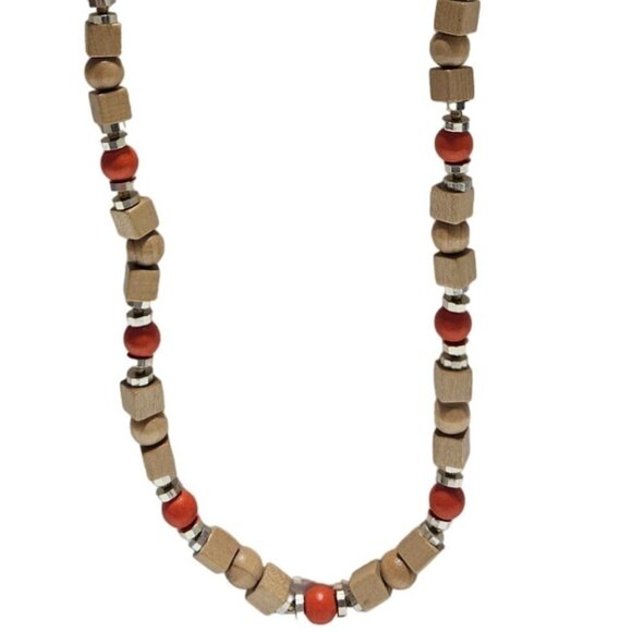 Boho Handmade Wood Bead Chunky Necklace Red Accent Natural Fashion Jewelry Women - Picture 1 of 6
